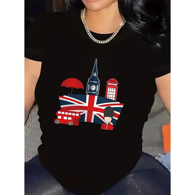 A Lightweight and Durable Black T-Shirt with Short Sleeves Featuring A Design of The British Flag and Iconic London Landmarks, S чёрный