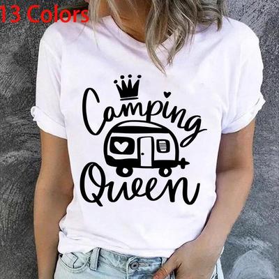 Cute Camping Queen T-shirts For Women Summer Tee Shirt Femme Casual Queen Short Sleeve Camping Round Neck Tops T-shirts