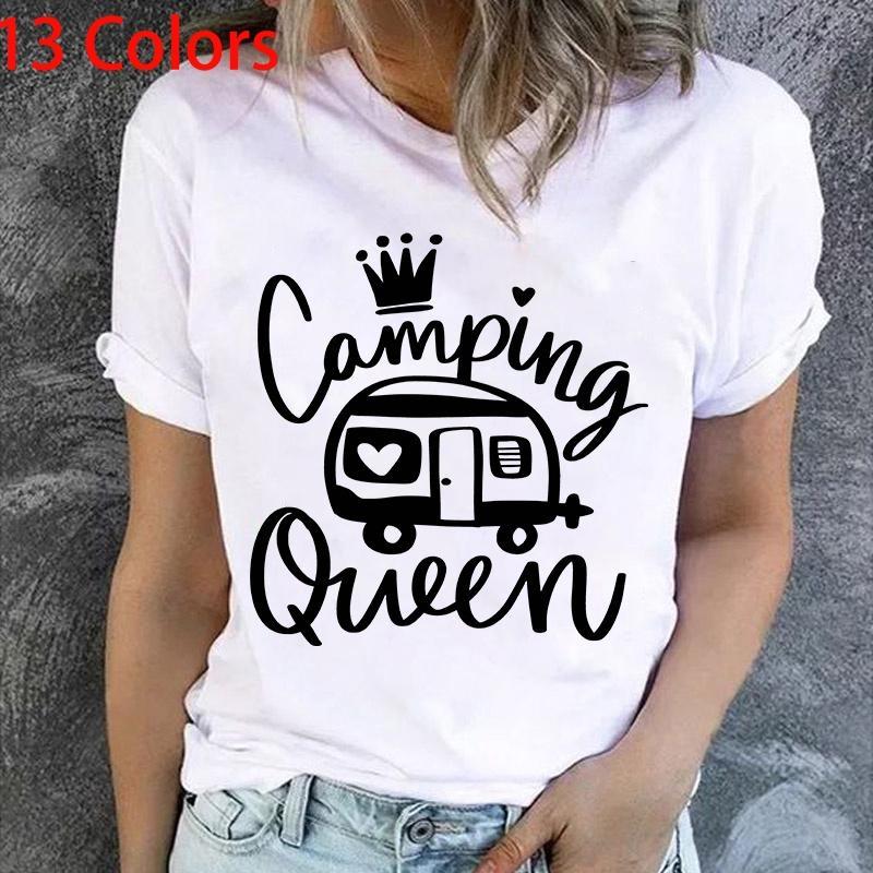 Cute Camping Queen T-shirts For Women Summer Tee Shirt Femme Casual Queen Short Sleeve Camping Round Neck Tops T-shirts