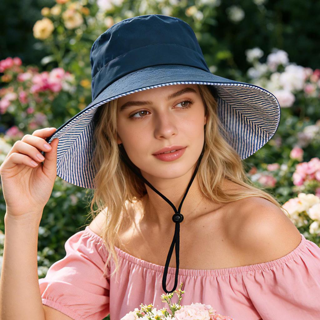 Sommer Damen Sonnenhut Fischerhut mit gestreiftem Futter, geeignet für Reisen im Freien, Sonnenschutzhut mit breiter Krempe