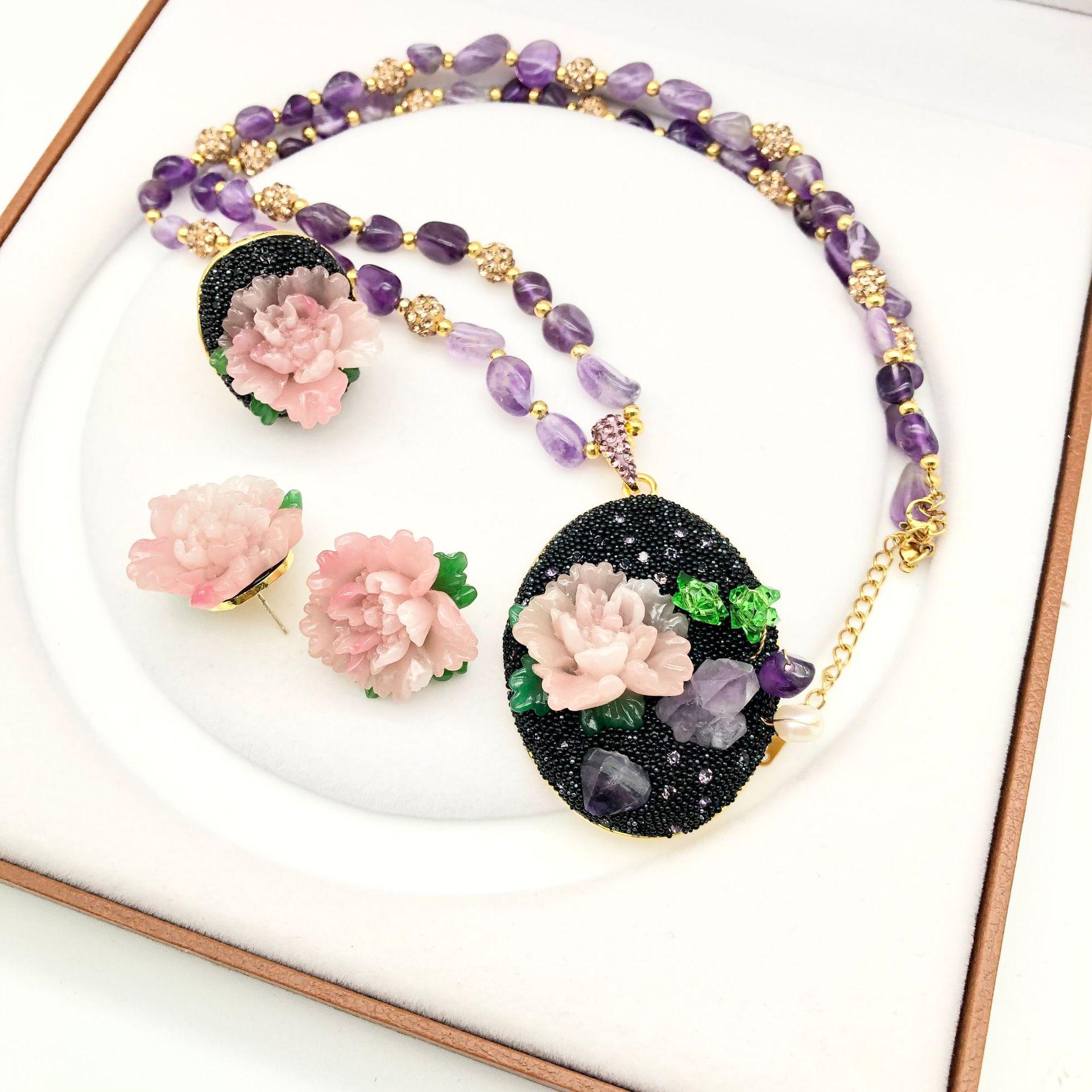 

Набір півоній: Намисто, каблучка та сережки в китайському стилі - Популярні прикраси для інфлюенсерів