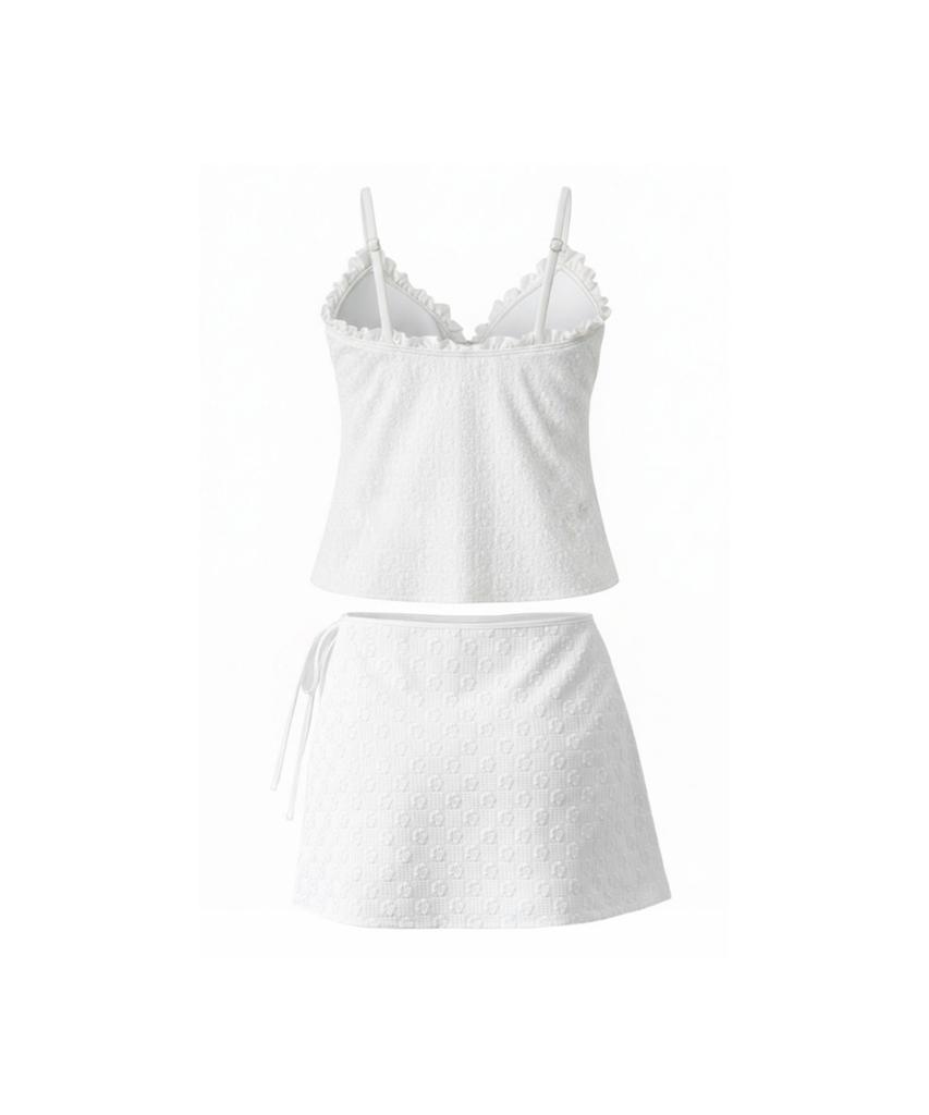 VIKINI VENDER Julie Ribbon Tie Textured Bikini Skirt Set 3Pcs - White