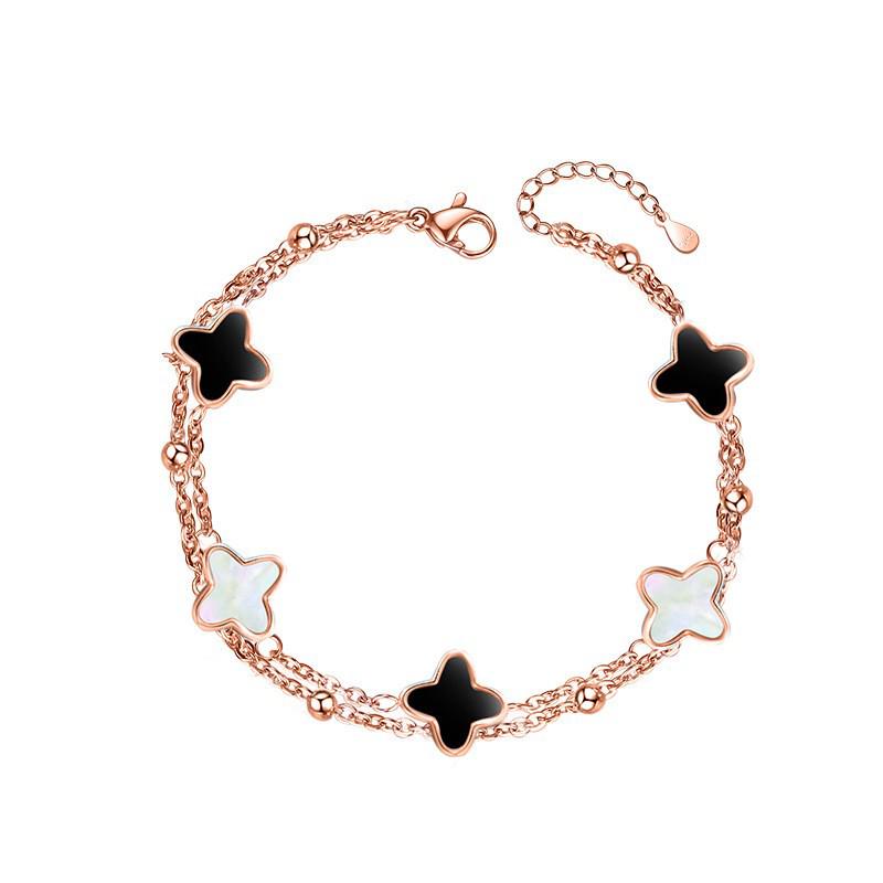 S925 Sterling Silver Double-Layer Malachite Clover Bracelet - Fashionable Gift for Women 925 Sterling Silver