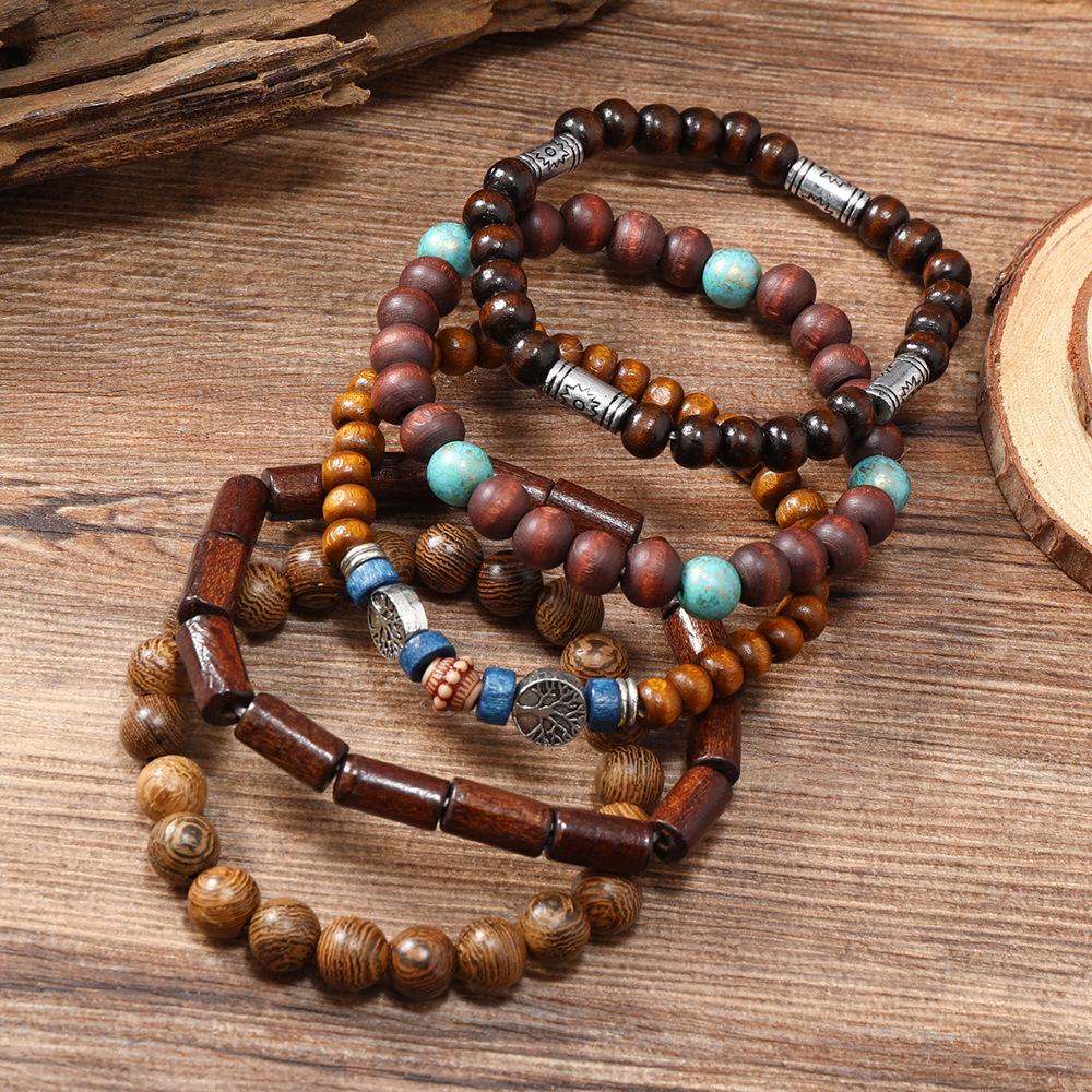 Peace Tree Wenge Wood Multi-layer Bead Bracelet Set - Retro European/American Style