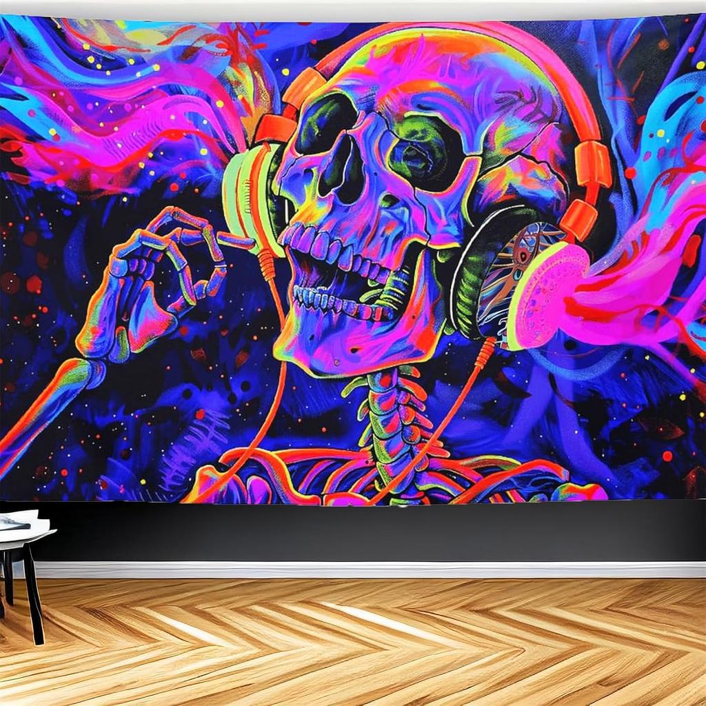 CJSLIFEART Blacklight Skull Tapestry Percussion Small Concert Fluorescent Starry Sky Bedroom Tapestry Background Wall Decoration