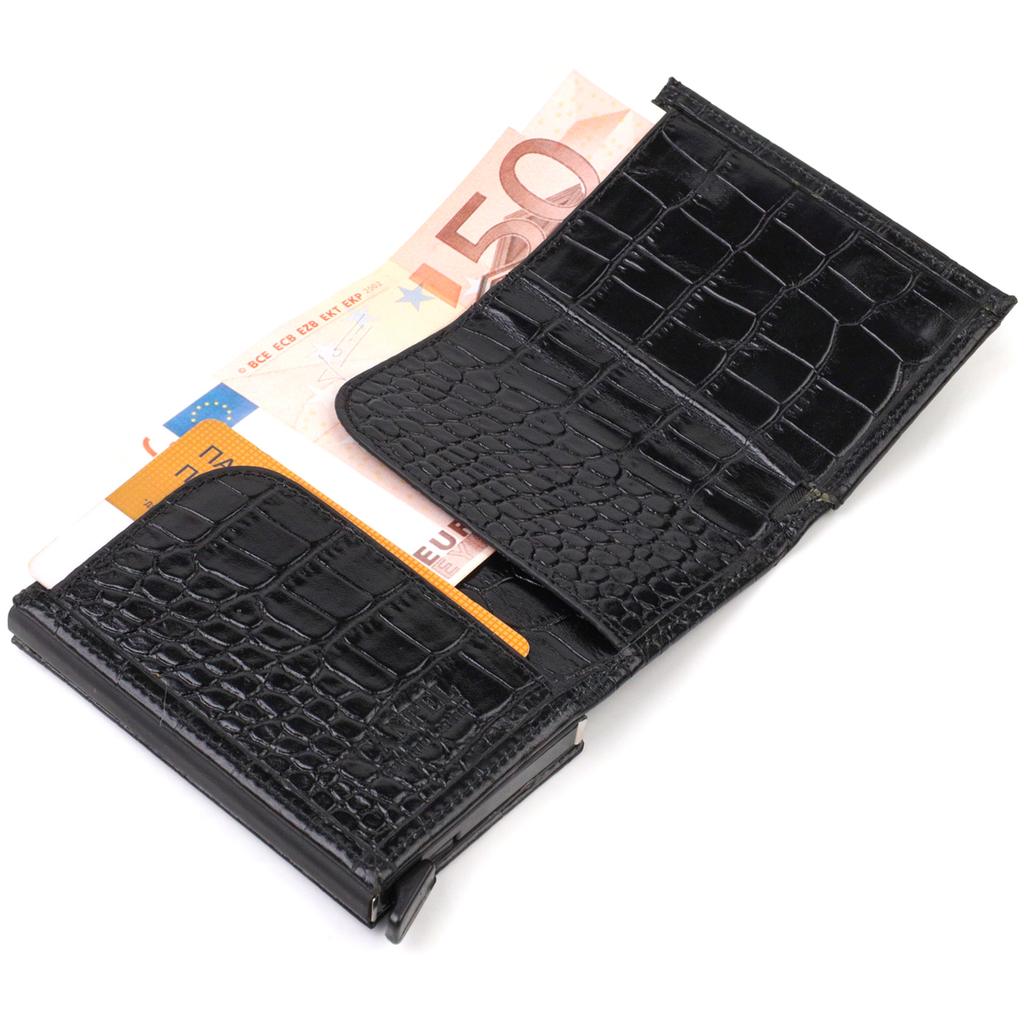 Unisex Tri-fold Automatic Cardholder Made of Genuine Leather with Crocodile Effect CANPELLINI 21930 Black