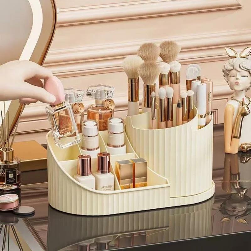 360° Rotating Vanity Makeup Organizer with Brush Holder, Large Spinning Cosmetic Storage for Skincare, Perfumes and Lotions