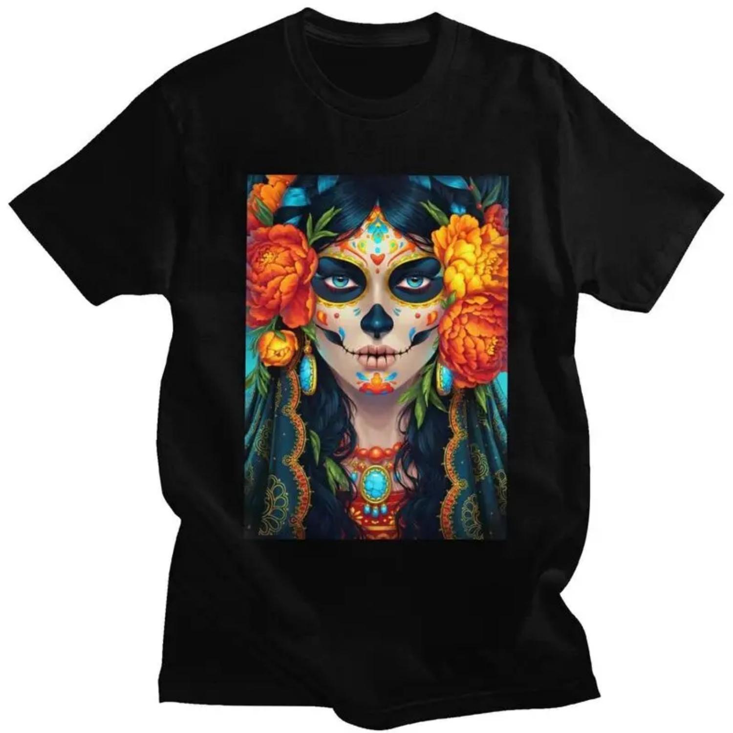 

Custom Mexican Catrina Sugar Skull Lady T Shirt for Men Pure Cotton Tshirt Fashion Tee Short Sleeve T-shirts Slim Fit S чёрный