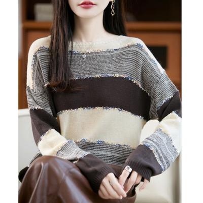 Womens Oversized Wool Knit Sweater Loose Fit Striped Crewneck Pullover Casual Lazy Chic Korean Style Winter