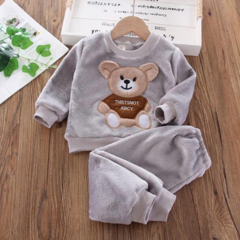 Småbarn Baby Gutter Klær Høst Vinter Barn Flanell Pyjamassett Tykk Varm Genser Tegneserie Søt bjørn Todelt Jentedress Joggedress