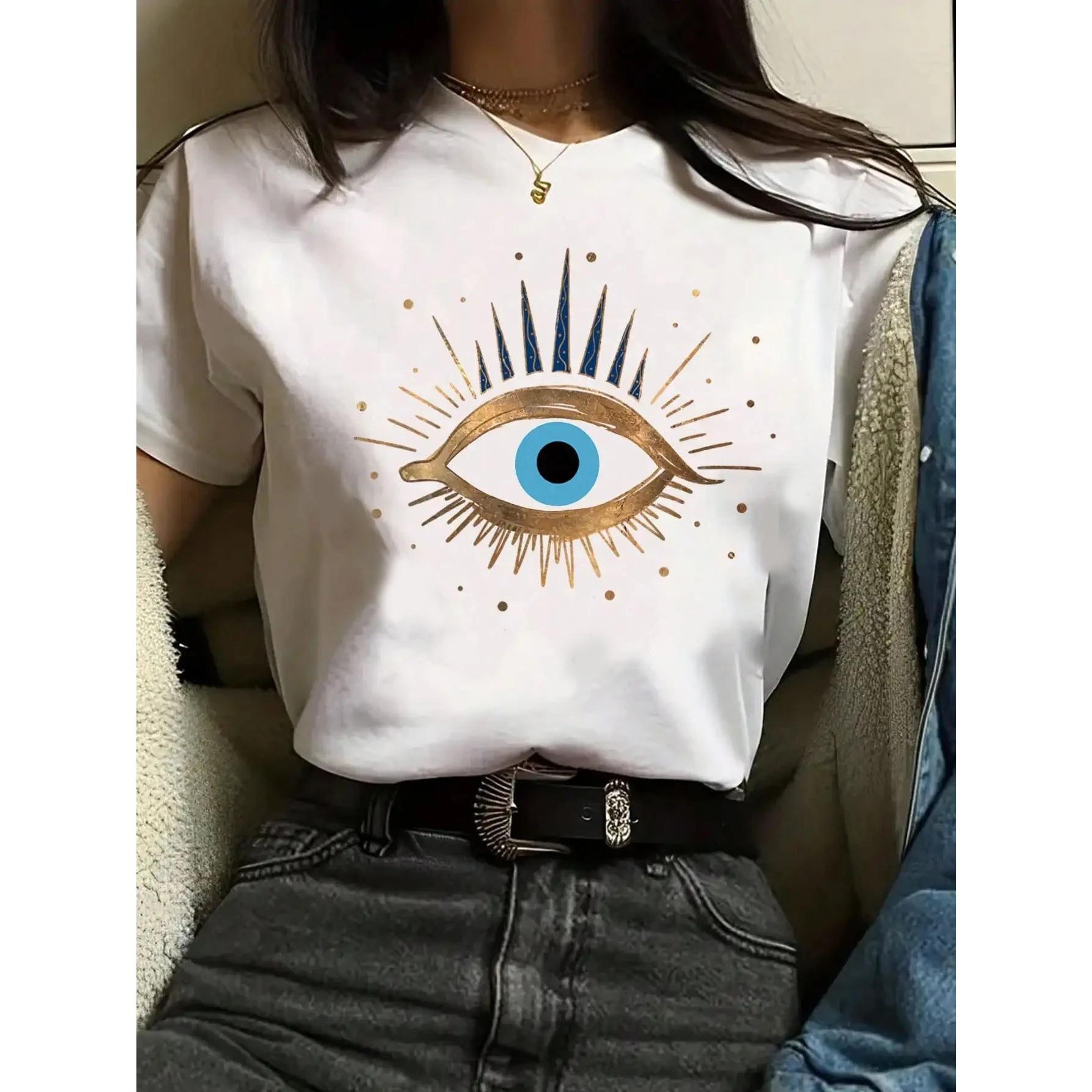 

Футболка с принтом «Глаз дьявола» женская летняя повседневная с изображением солнца, луны, космоса, прохладной улицы, с коротким рукавом, женская одежда 3XL