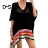 Women Bikini Cover Up V-Neck Drop-shoulder Sleeves Hollow Beachwear Dress Side Split Color Block Crochet Swimsuit Cover-ups