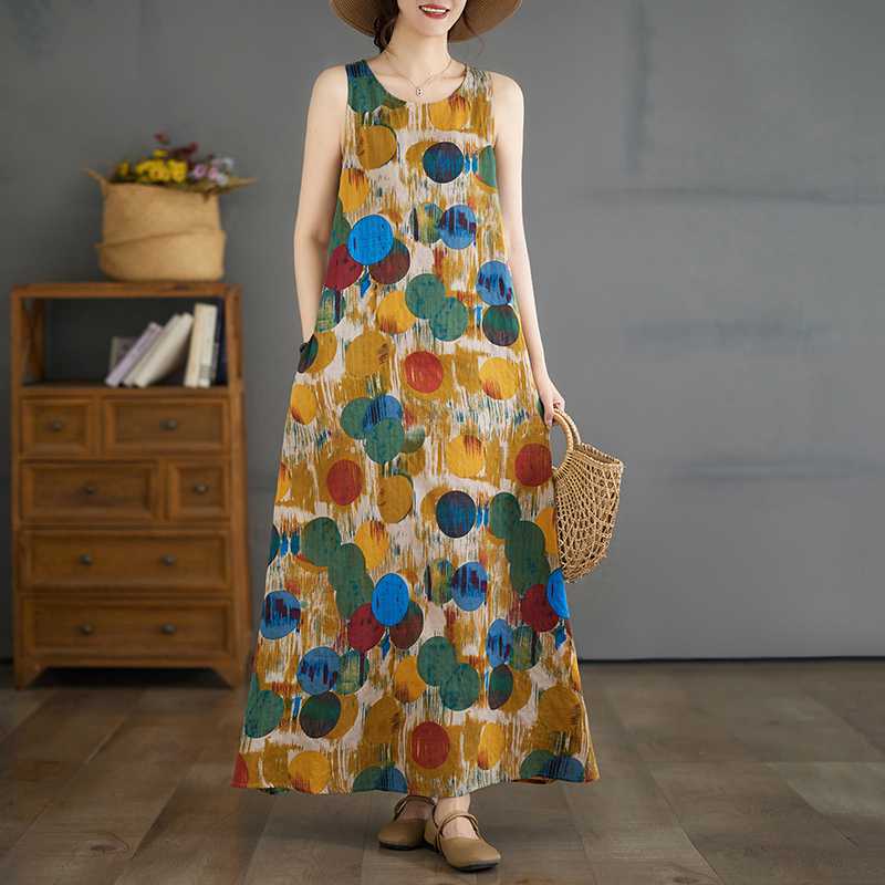 New Long Dresses Summer New Plus Size Sleeveless Round Neck Printed Dresses