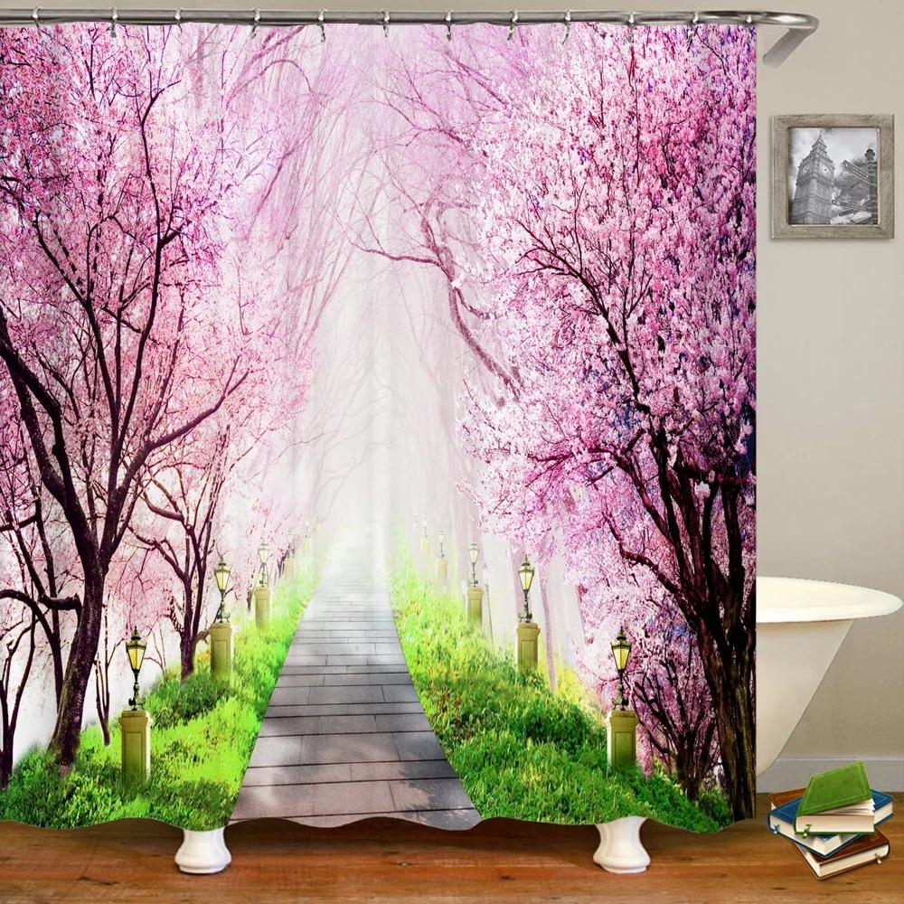 Waterproof Fabric 3D Shower Curtain Bathroom Curtain Pink Tree Landscape Polyester Bath Curtain Decorate With Hooks Cortina