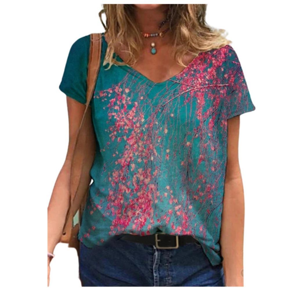 Women's Summer T-shirt Fashion 3d Plant Print Streetwear Women's Casual V-neck Short-sleeved Loose Top T-shirt 2025