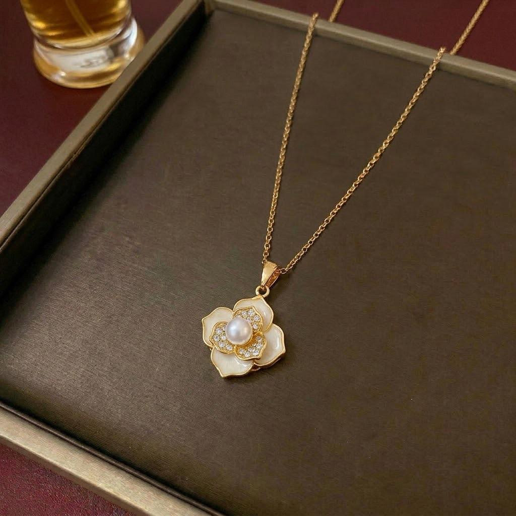 Women's Fashion Necklace & Bracelet Set: Flower Pendant, Diamond Bauhinia Earrings