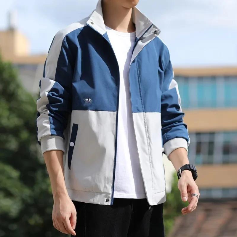 Men's Casual Sport Jacket Spring Autumn New Style Korean Version Leisure Color Blocking Fleece-lined Thickened Trendy Outerwear