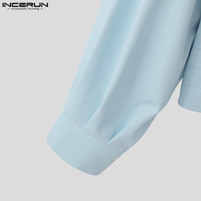 INCERUN Men Swing Collar Long Sleeve Slim Shirts Casual Solid Short Tops