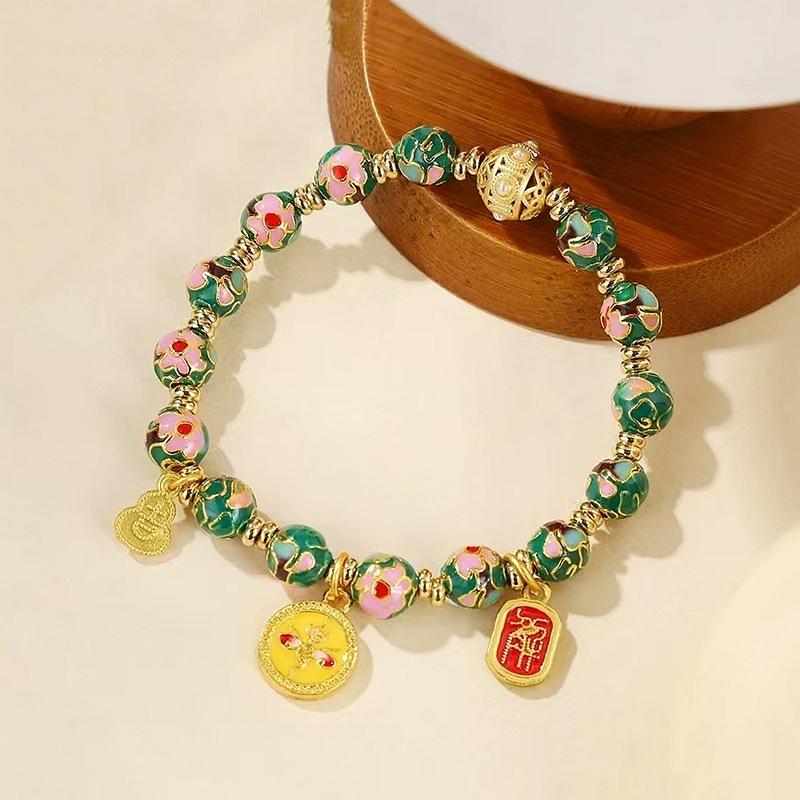 Yellow Cloisonné Enamel Lucky Bracelet with Blooming Flowers