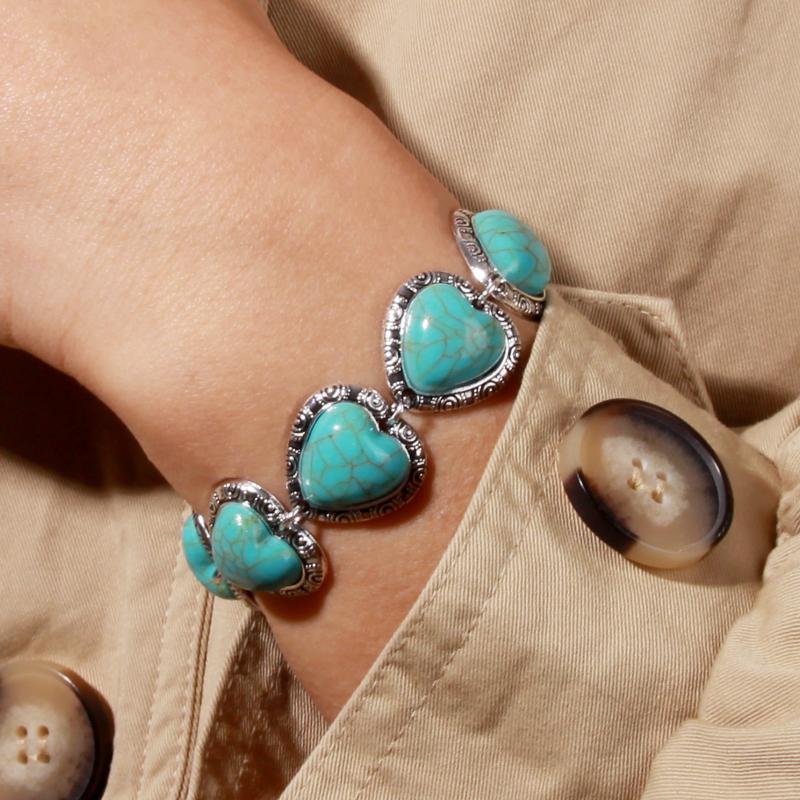 Vintage Heart Bracelet Unique Ethnic Style Turquoise Hand Jewelry Retro Love Charm Bracelet For Women