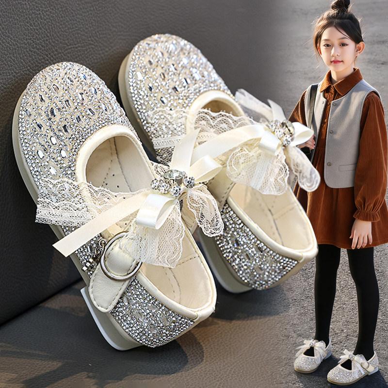 Girls Silver Crystal Princess Leather Shoes Kids Spring Fashion Flat Shoes Children Dress Shoes for Performance