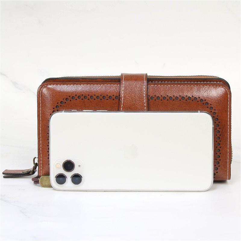 Women Long Wallet Large Capacity Hollow-Out Zipper Wallet Vintage Multi Card Holder Phone Purse Wristlet Clutch Lady Card Holder Coin Purse