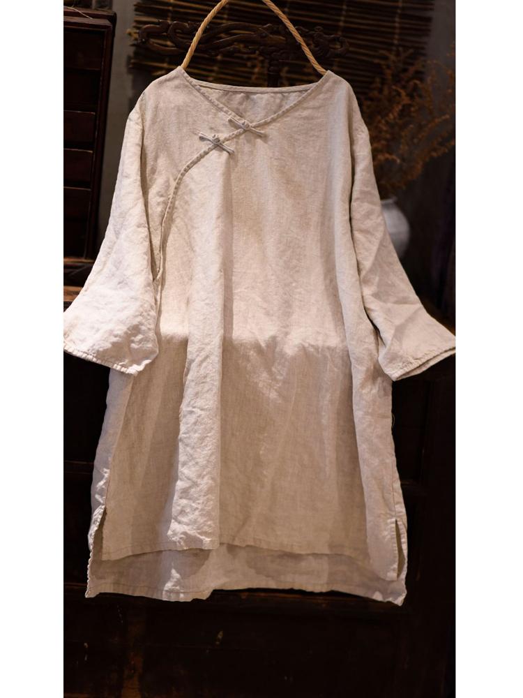 

Johnature женские винтажные льняные футболки однотонные футболки осенние футболки на пуговицах с семью рукавами футболки в китайском стиле One Size бежевый