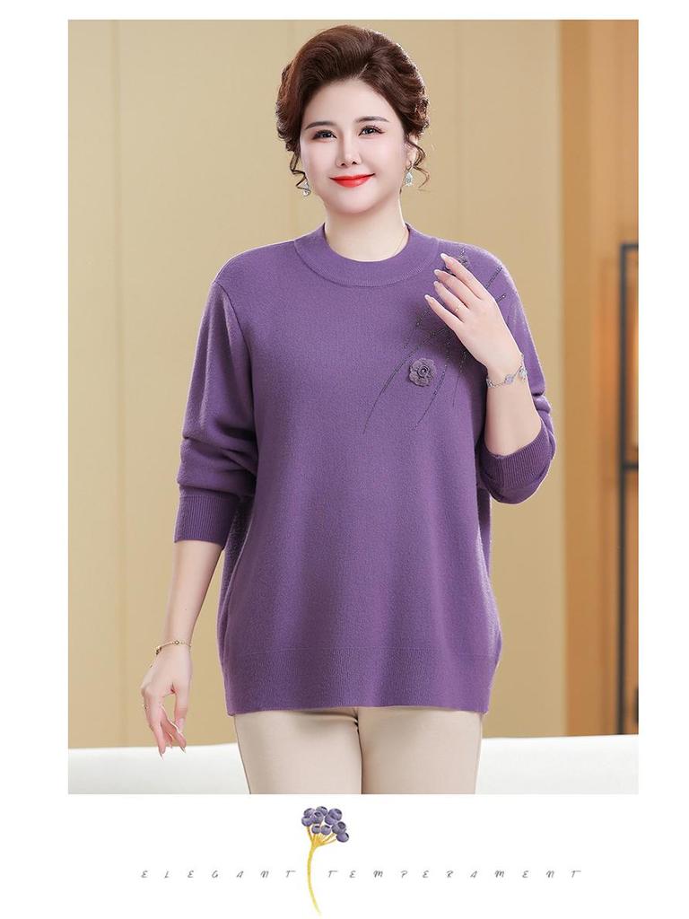 Knitted Fleece-Lined Sweater for Middle-Aged and Elderly Women - Plus Size, Autumn/Winter