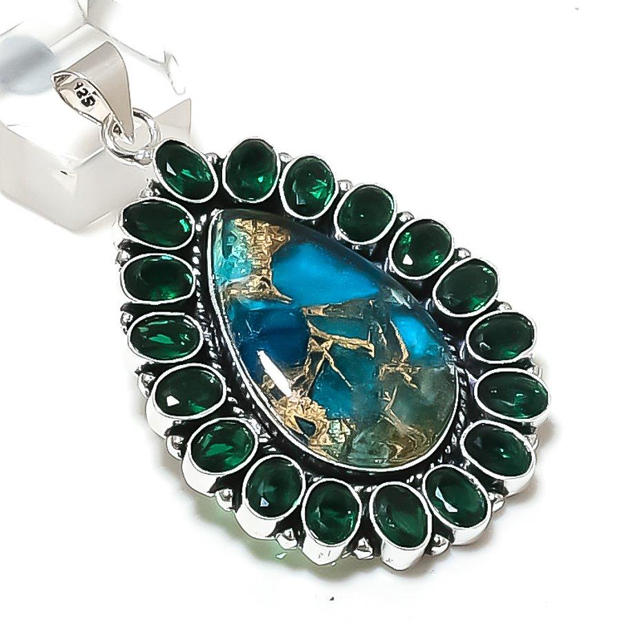 Copper Turquoise, Diopside Ethnic 925 Sterling Silver Jewelry Pendant 2.56  I1E01