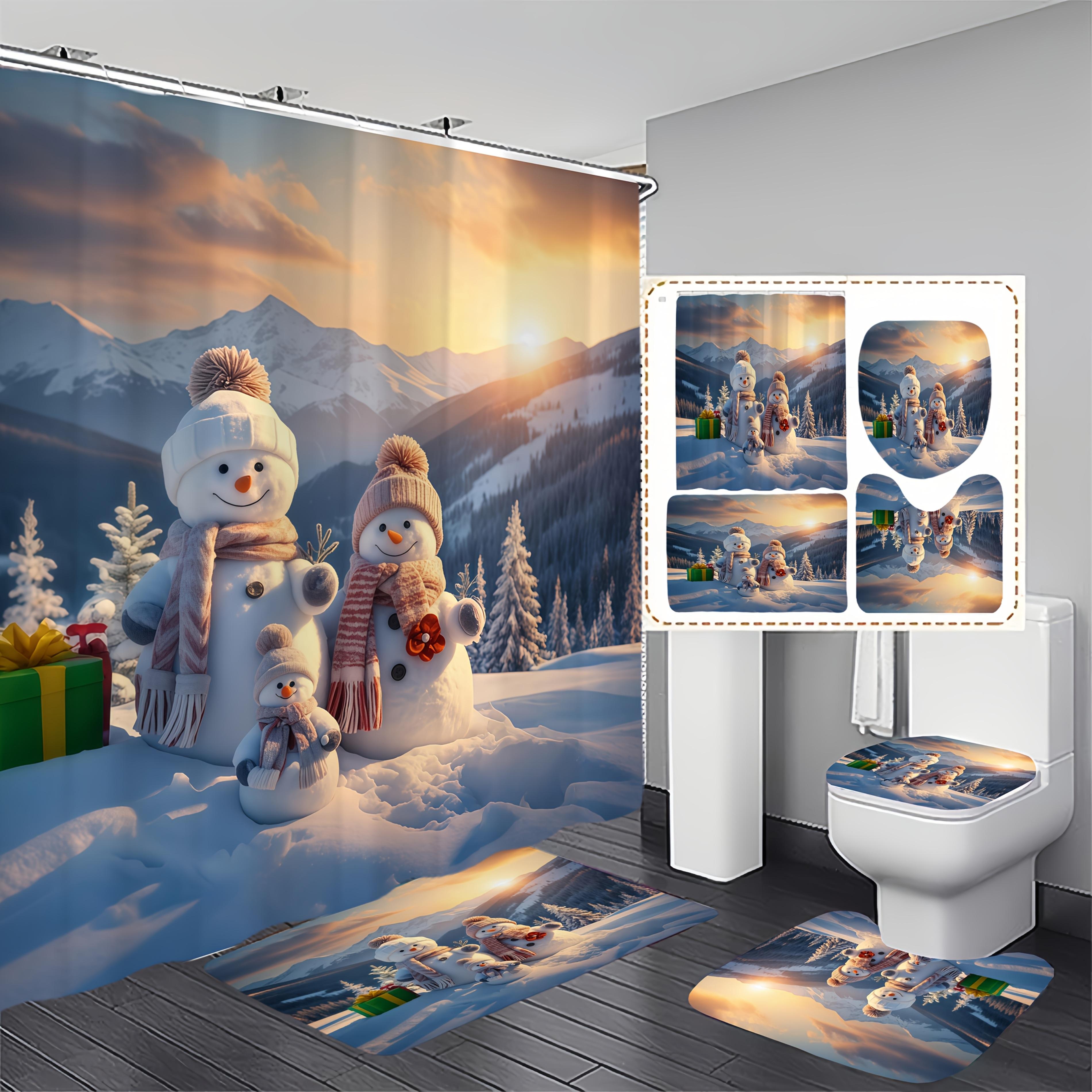 

Набор из 4 предметов: Занавеска для душа для ванной, Семейство снеговиков, Занавеска для ванной с 12 крючками, Нескользящие коврики, Коврик для крышки унитаза, Перегородка для ванной 1 shower curtain 70.87X70.87inch