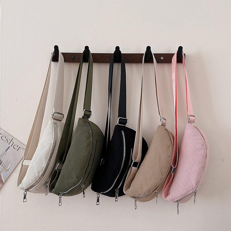 Trendy Women's Bags, Street Trend Corduroy Fanny Packs, Simple Casual Breast Bags, Large-capacity Shoulder Messenger Bags