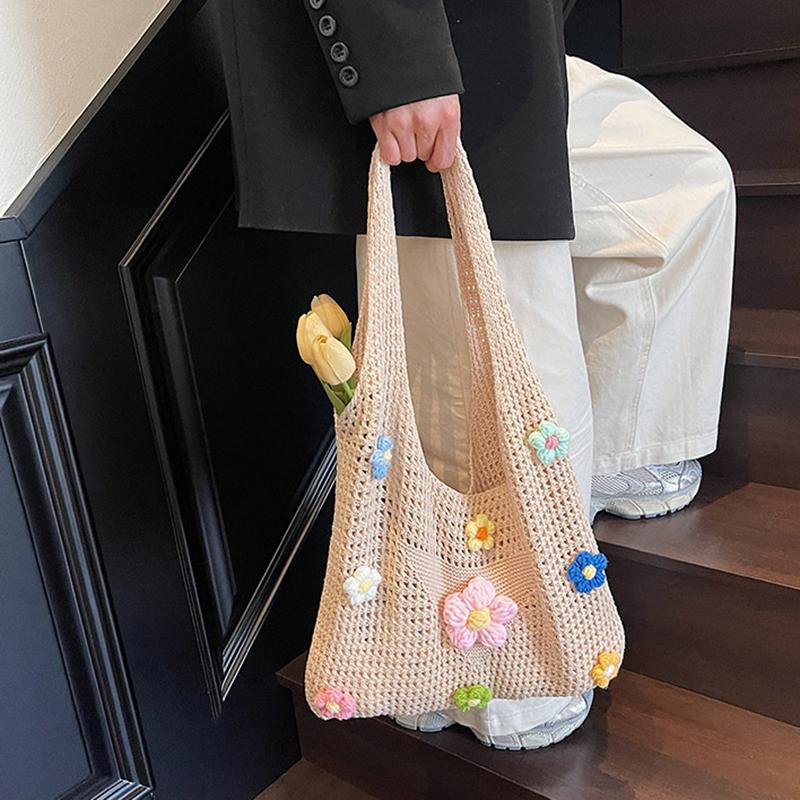 Crochet Mesh Beach Toted Bag,Bohemian Vacation Handbags Aesthetic Knit Shoulder Bag for Women Travel Bag KTB
