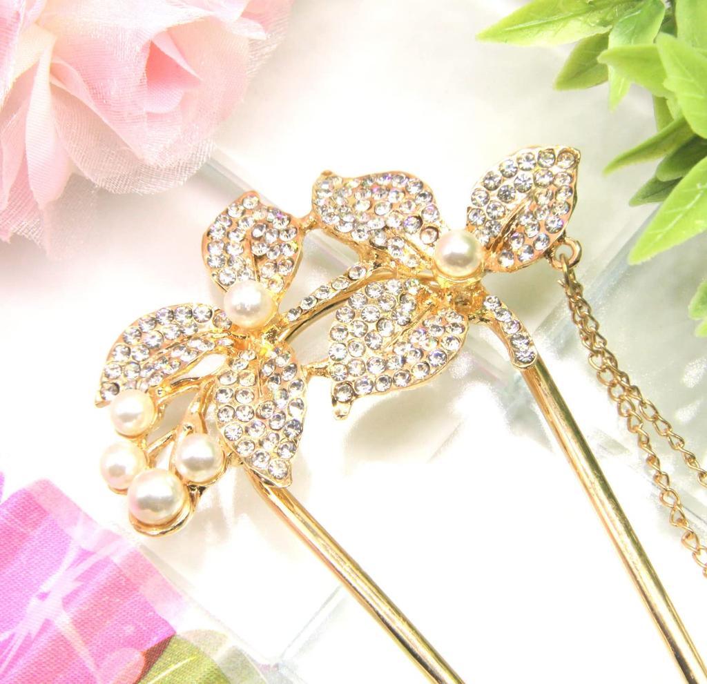 Miaomyao Hair Kanzashi Hair Ornament for and Pearl Metal with Antique Lemon Leaf Design Ornament, U-Shaped Kimono, Yukata, Tomesode, (Pink Gold)