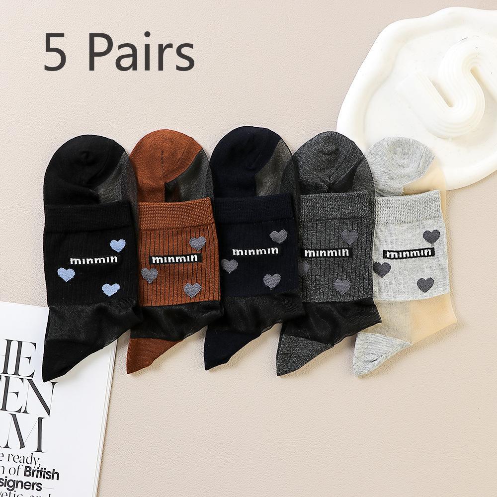 5 Pairs of Ultra-thin Socks with Cotton Soles and Silk Surfaces. The Cuffs Are Loose in Winter To Prevent Fraying. Cartoon Design.