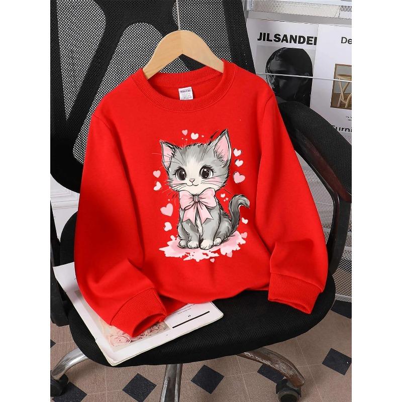 European sizes Kids' Round-Neck Hoodie | Cute Gray Kitten with Pink Bow, Sportswear and Casual Wear, Soft and Comfortable