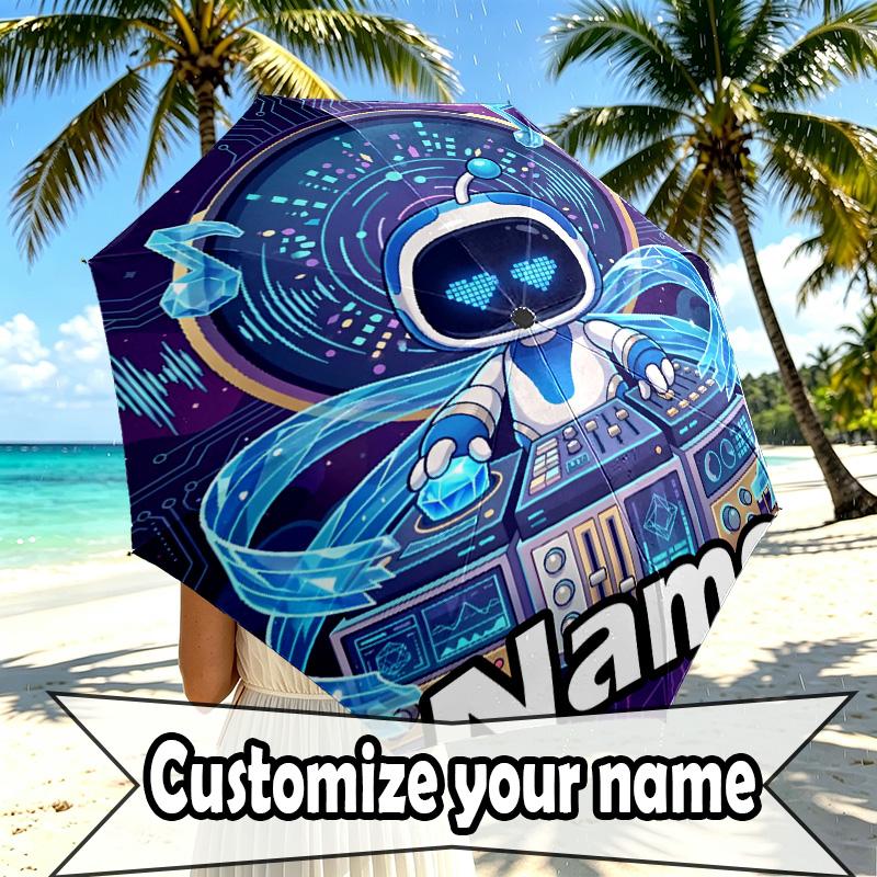 Custom Name Personalized Cosmic Bot Crew Print Umbrella, Auto Open Close, 8‑Rib Sturdy Frame, Commute Camping Hiking Use, Birthday Gift