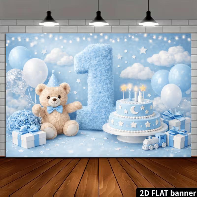 2D Teddy Bear 1st Birthday Backdrop for Newborn Photography