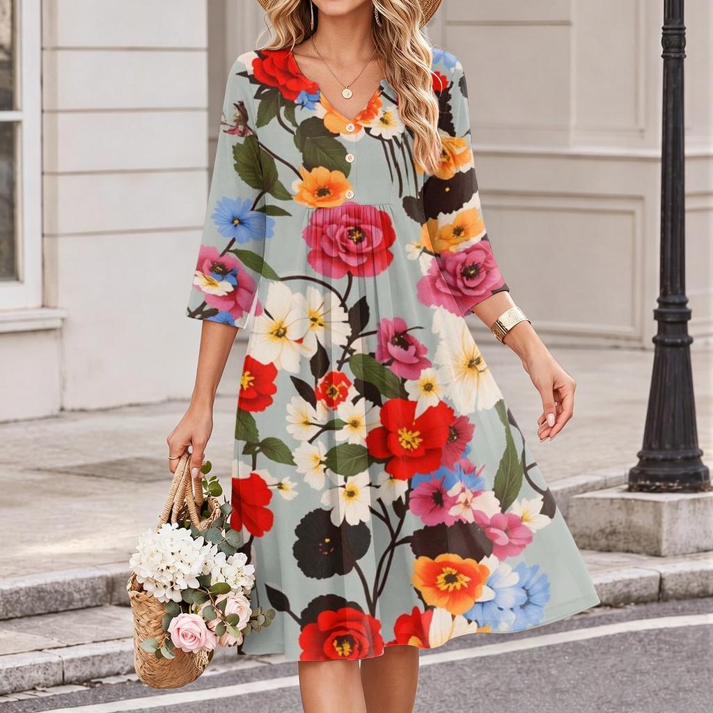 Women's Floral Print V-Neck Casual 3/4 Sleeve Dress
