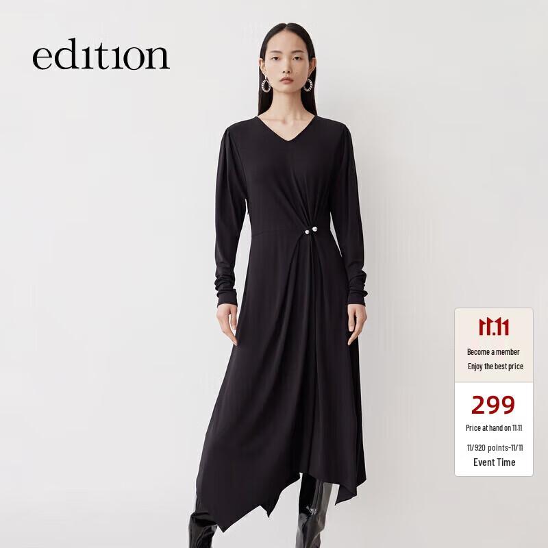 

Edition Irregular Pleated V-Neck Mid-Length Dress with Round Bead Buttons S