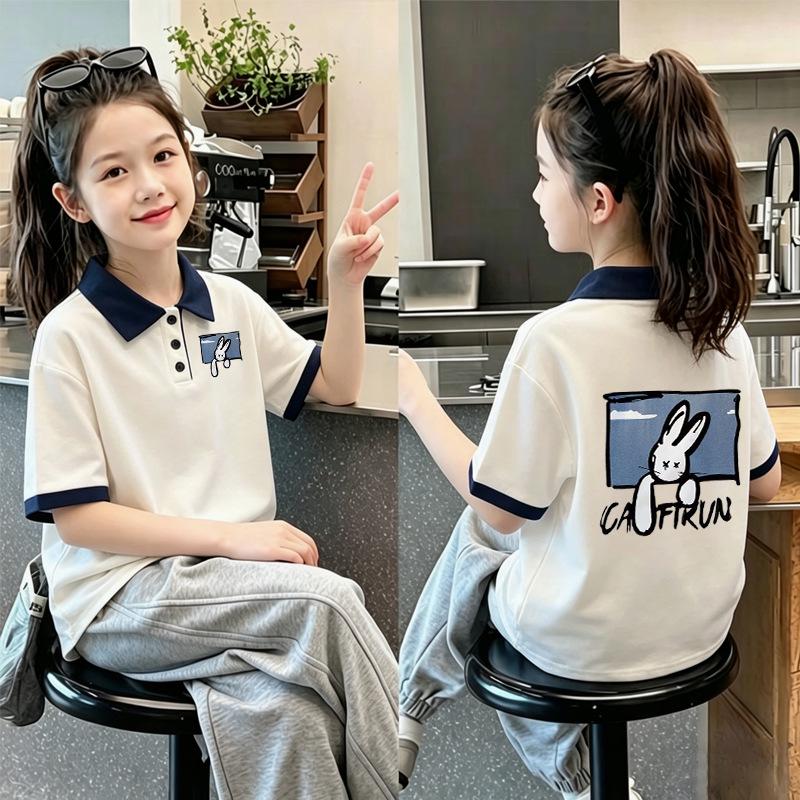 Korean Academy Style Girls' Cotton Polo Shirt with Patchwork Lapel - Casual Summer Short Sleeve T-shirt