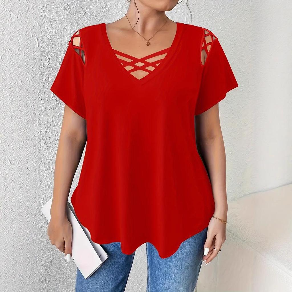 2026 European & American Casual Women's V-neck Solid Color Short Sleeve Cross Strap T-shirt