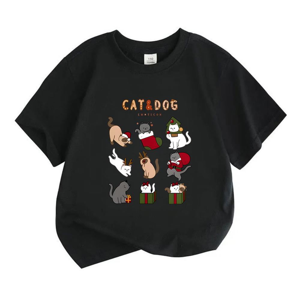 Kids Boys Girls 100% Cotton Crew Neck Short Sleeve T-Shirt, Cute Christmas Cats Collection Print Casual Soft Holiday Cartoon Tee for Children