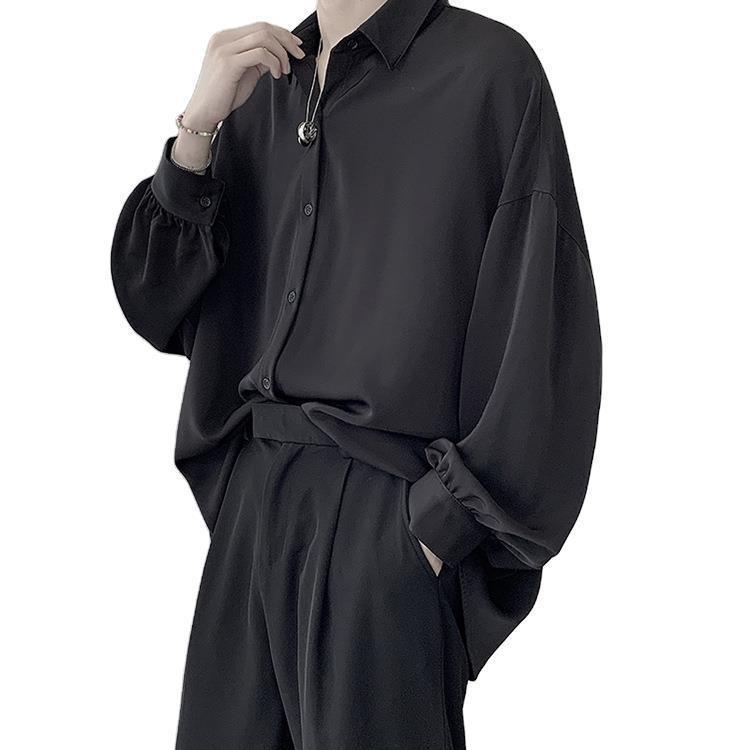 Men's Loose Fit Korean Style Pleated Cuff Shirt with Long Sleeves - Spring/Autumn Fashion.