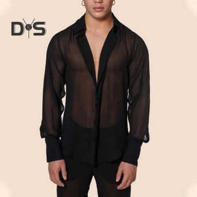 Svart Genomskinlig Skjorta för Män Mesh See Through Skjorta Tunn Långärmad V-ringad Kavajskjorta Mode Enkelknäppt Skjorta Sexig Basic Blus Fest