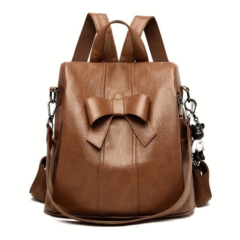 Classic Retro Bowknot Decor Backpack, Solid Color Textured Storage Rucksack, All-Match Pu Leather Storage Daily Daypack For Work
