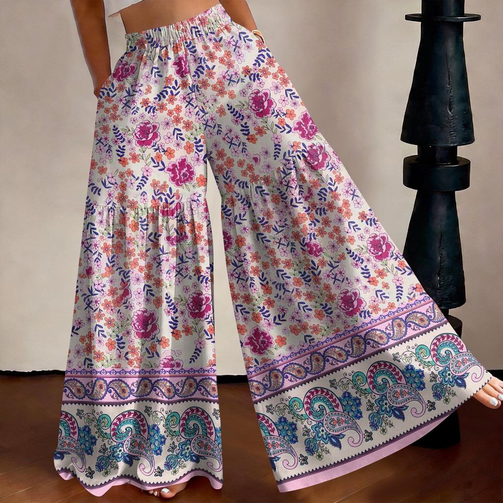 Women's High Waist Wide Leg Pants Loose Fit Lightweight Breathable Floral Print Casual Palazzo Trousers for Summer