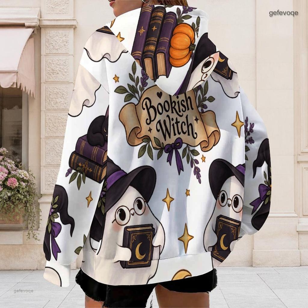 Women Plus Size Zip Up Long Sleeve Hoodie Cute Ghost Witch Printed Drawstring Hood Pockets White