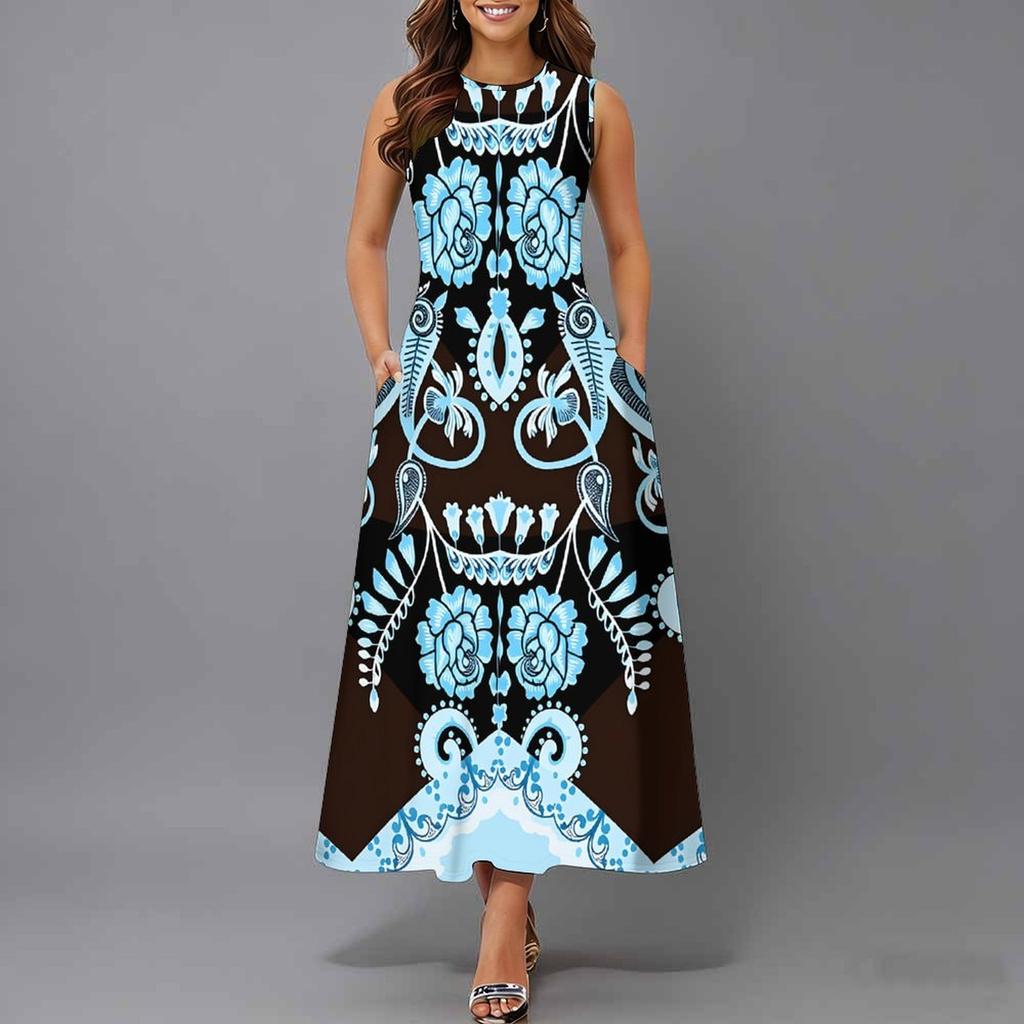 Plus Size Ladies Sleeveless Crew Neck Dress Exotic Tropical Leaves Flowy Calf Length Gown