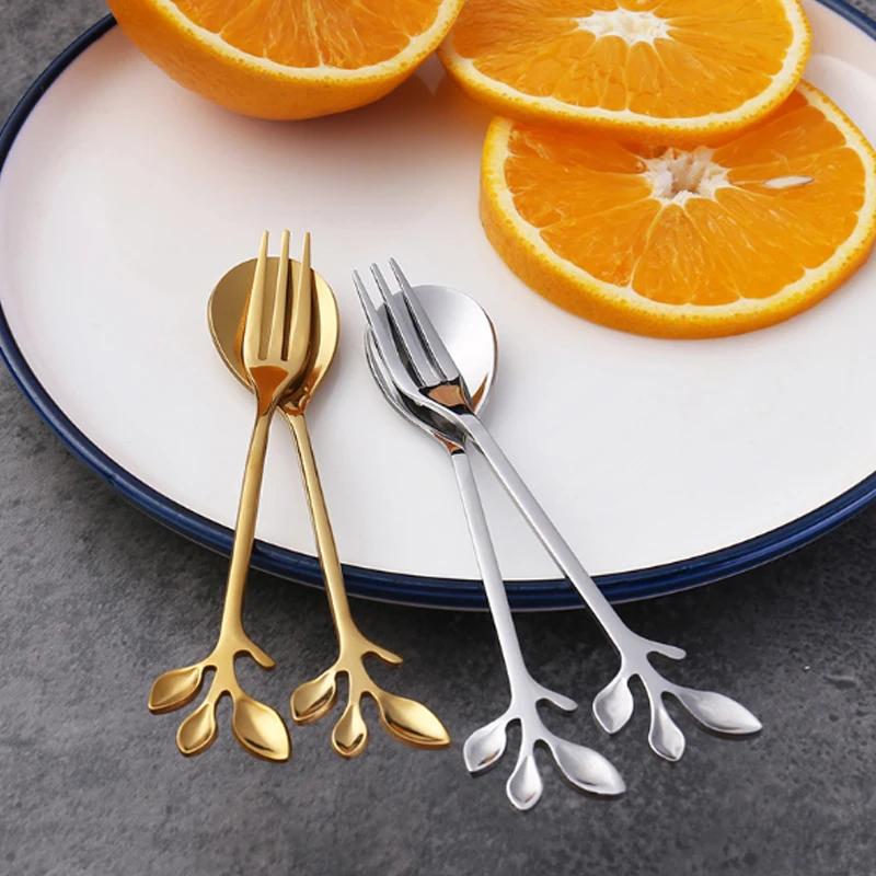Creative Stainless Steel Leaves Spoon Fruit Fork Coffee Spoon Dessert Ice Cream Scoop Kitchen Accessories Tableware Decoration