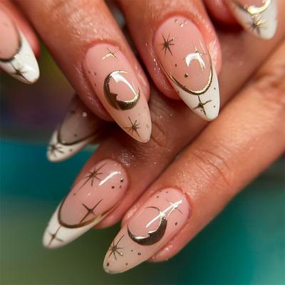 24PCS Simple Golden Moon Star Patterns White French False Nails In Style Almond Fake Nails for Women Acrylic Wearable Nail Tips